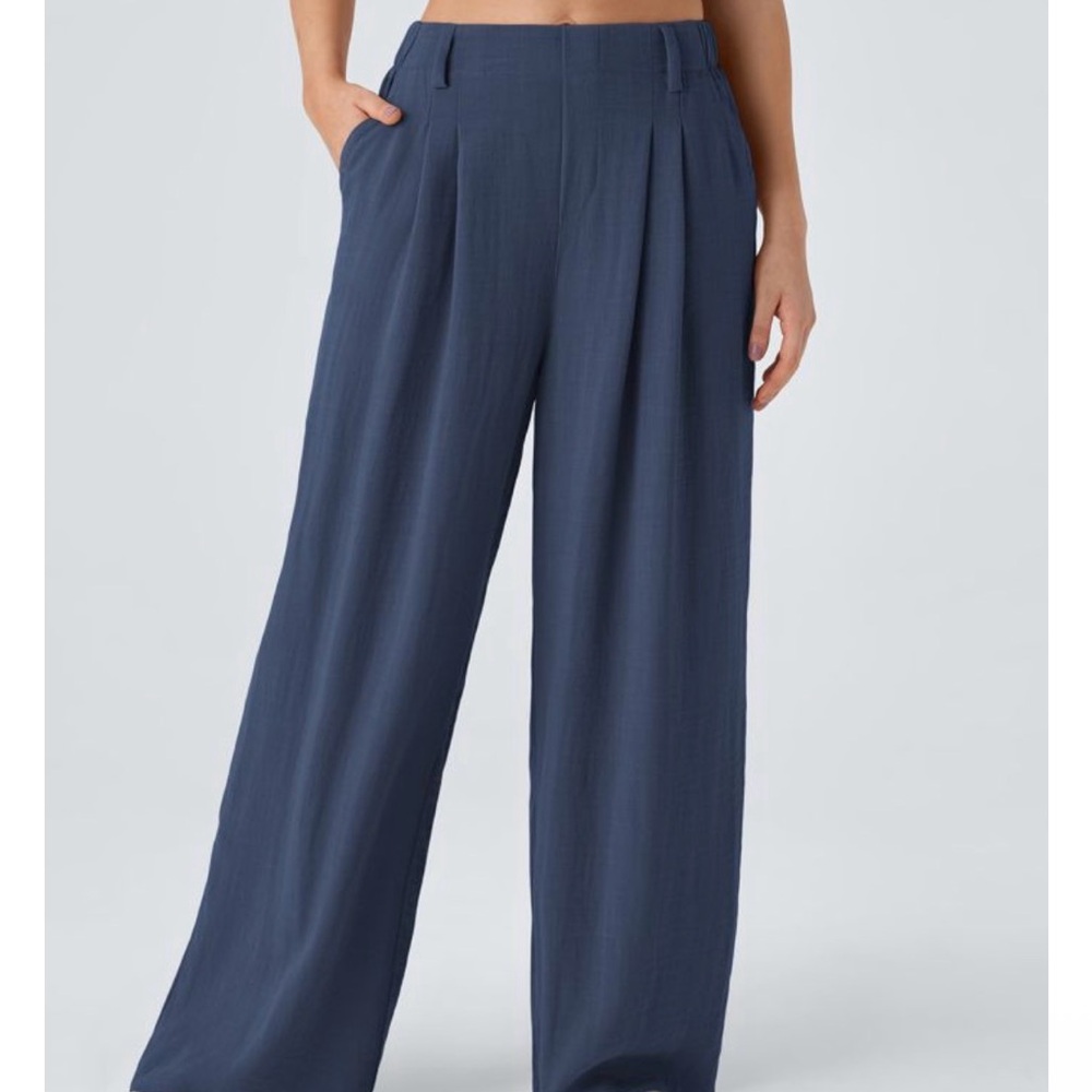 High Waisted Pocket Wide leg Flowy Solid Palazzo Casual Linen-Feel Pants